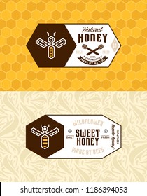 Honey labels, logo and packaging design templates for apiary and beekeeping  products, branding and identity. Vector honey illustration and patterns.