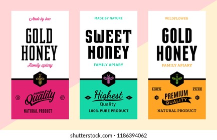 Honey labels in modern style. Logo and packaging design templates for apiary and beekeeping  products, branding and identity. Vector honey illustrations.