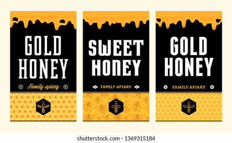 Honey labels and packaging design templates for apiary and beekeeping  products, branding and identity. Vector honey illustration and patterns.