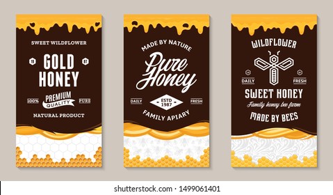 Honey labels and packaging design templates for apiary and beekeeping  products, branding and identity. Vector honey illustration and patterns