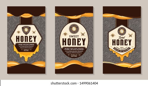 Honey labels and packaging design templates for apiary and beekeeping  products, branding and identity. Vector honey illustration and patterns