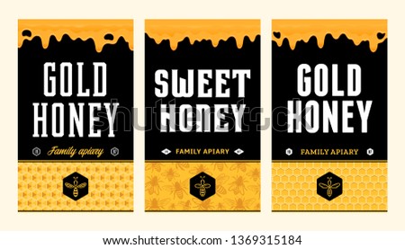 Honey labels and packaging design templates for apiary and beekeeping  products, branding and identity. Vector honey illustration and patterns.