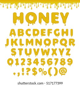 Honey latin alphabet, abc. Vector set of text font symbols and numbers. Drops and splash of flow sweet caramel yellow liquid or gel. Illustration isolated on white background.