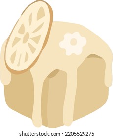 Honey lemon cake topped with frosting, garnished with sliced lemon. and small flowers