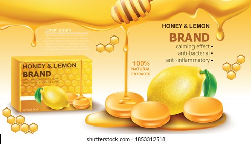 Honey and lemon drops with natural extracts. Calming effect. Antibacterial and anti-inflammatory. Place for text. Realistic 3D mockup product placement. Vector