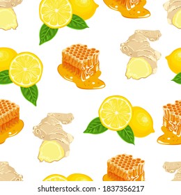 Honey, lemon and ginger seamless pattern. Vector illustration of tea ingredients in cartoon flat style. Healthy food background. 