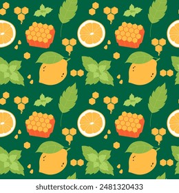 honey with lemon and mint seamless pattern