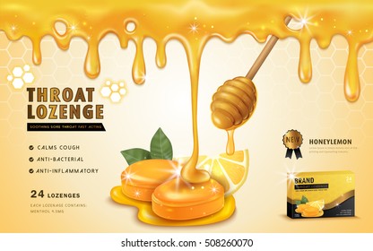 Honey Lemon Throat Lozenge, Ads Template And Package Design For Sore Throat. Honey Dripping From Top. 3D Illustration.