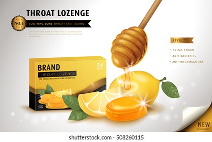 Honey Lemon Throat Lozenge, Ads Template And Package Design For Sore Throat. 3D Illustration.