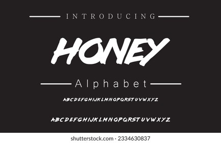 Honey Lettering font isolated on black background. Texture alphabet in street art and graffiti style. Grunge and dirty effect.  Vector brush letters.