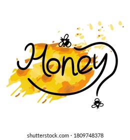Honey lettering. Hand drawn label for food packaging, local sweet dessert product simple stamp. Text with yellow and orange honey background with bee, golden symbol vector illustration