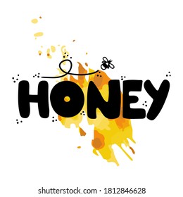 Honey lettering. Hand drawn label for food packaging, local sweet dessert product simple stamp. Text with yellow and orange honey background with bee, golden symbol vector illustration
