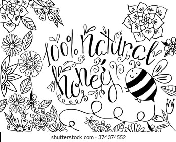 Honey lettering. Honey hand drawn sketch etch illustration. Honey natural healthy food production. Bee, beehive, flowers and wax.