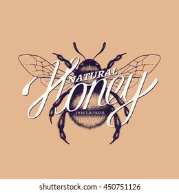 Honey lettering with ink hand drawn sketch of bumblebee. Vector illustration.