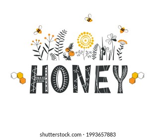 Honey lettering surrounded by bees and doodle flowers. Vector stylized background on a white background, honey logo.