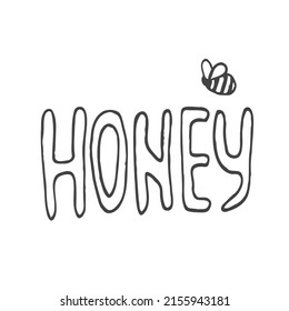 Honey lettering surrounded by bees and doodle flowers. Vector stylized background on a white background, honey logo.