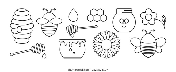 Honey line icon, bee and honeycomb outline design, beehive and jar, wax cell, flower and hexagon black silhouette set isolated on white background. Sweet taste farm product. Simple vector illustration