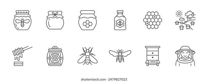 Honey line icon set. Honeycomb, bee hive, beekeeper, propolis outline vector illustration. Linear pictogram for apiary. Editable Stroke