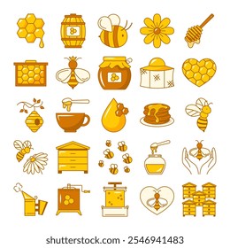 Conjunto de iconos de línea de miel Vector aislado. Colección de simbolos sencillos para la produccion de miel. Colmena, abeja en flor, apiario y jarabe. Pictogramas de miel fresca.