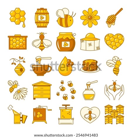 Honey line icon set vector isolated. Collection of cute simple symbols for honey production. Beehive, bee at flower, apiary and syrup jar. Fresh honey pictograms.