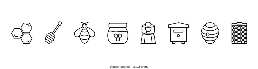 Honey line icons set. Contain honey, bee, hive, spoon, jar and honeycomb. Vector.