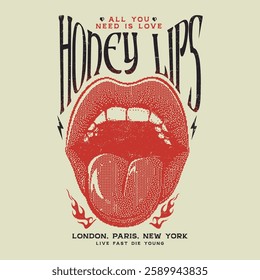 Honey lips Kiss vintage vector t-shirt design, Lips poster design. Music festival artwork. Music logo design. Kiss me artwork. Rock world tour artwork. Retro music vintage artwork. Rockstar tee design