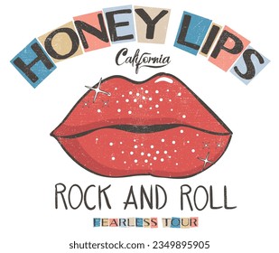 Honey lips t-shirt design. Rock and roll vector graphic print design for apparel, stickers, posters, background and others. Music tour poster artwork.