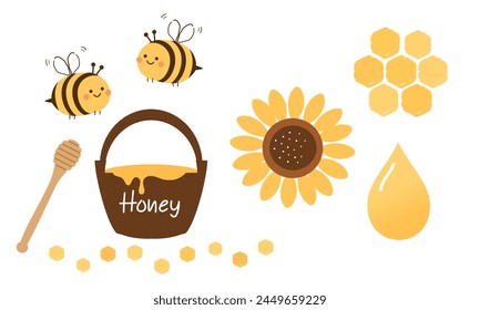 Honiglogo, Bienen-Cartoons, Honigeimer, Sonnenblume, Tropfen und handgeschriebene Schriftarten-Ikone auf weißem Hintergrund Vektorgrafik isoliert.