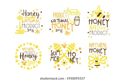 Honey Logo Design Set, Natural Organic Healthy Product Badges Hand Drawn Vector Illustration