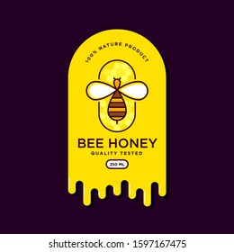 Honey logo. Honey emblem on a yellow background. Bee in a rounded frame with honey combs. Hand picking product.