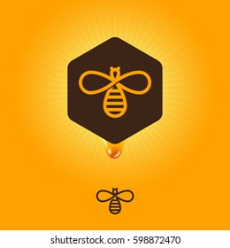 Honey logo. Honey emblem on a yellow background.
Bee in a hexagon with a honey drop.
