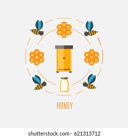 Honey logo or emblem vector.Logotype or sticker of beekeeping in the form of a circle. Products of beekeeping. Honey, honeycomb, bees, hive.Honey design.