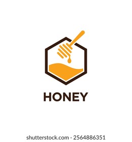 A honey logo featuring a hexagonal shape with a honey dipper dripping honey inside, and the word "HONEY" written below it.