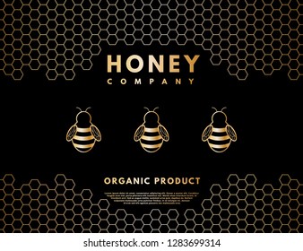 Honey logo with gold gradient honey bee and honeycombs. Label banner for company isolated from black background. Vector illustration. All phrases by Sil Open Font License.