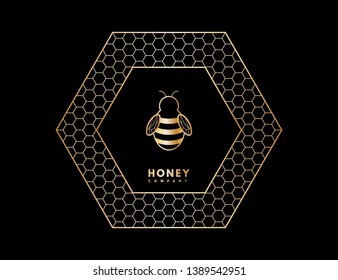 Honey logo with gold gradient honey bee in honeycombs. Label banner for company isolated from black background. Vector illustration. All phrases by Sil Open Font License.