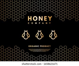 Logotipo de miel con abejas y peines de miel de gradiente dorado. Cartel de etiqueta para la empresa aislada en fondo negro. Ilustración vectorial.