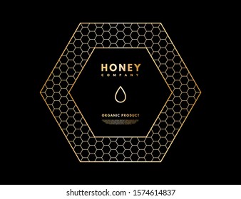Honey logo with gold gradient honey drop in frame hexagon. Label banner for company isolated from black background. Vector illustration.  