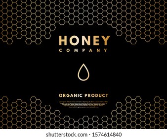 Honey logo with gold gradient honey drop in frame honeycombs. Label banner for company isolated from black background. Vector illustration.  