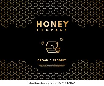 Honey logo with gold gradient honeybee, beehive and honey stick in frame honeycombs. Label banner for company isolated from black background. Vector illustration.  