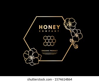 Honey logo with gold gradient honeycombs in frame hexagon with flower. Label banner for company isolated from black background. Vector illustration.  