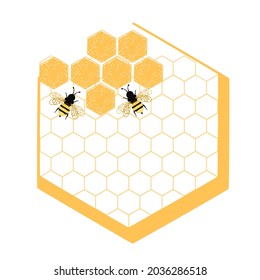 Honey logo with hexagon grid cells and bee cartoons on white background vector illustration.