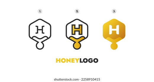 Honey logo. Honeycomb with dripping yellow honey, organic dessert brand collection, natural sweet vector product label