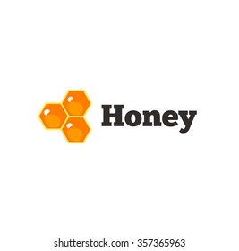 Honey logo label template vector illustration with wax honeycombs and drops inside, flat icon, high quality logotype symbol modern sticker design isolated on white background