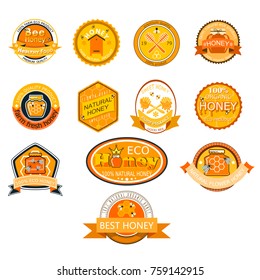Honey logo vector bee and gold font illustration natural product food vintage flat honeycomb design symbol food sweet icon apiary sign label