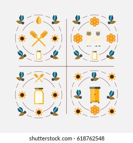 Honey logo vector illustrations.Logotype of beekeeping in the form of a circle. Products of beekeeping. Honey, honeycomb, bees, hive. Organic and natural honey. 