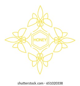 Honey logo. Vector line style logotype with bee and hexagon. 