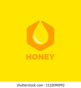 Honey logo. Yellow drop in orange honeycomb. Geometry modern logo for the branding.