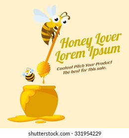 Honey lover label with bees, advertisement, vector illustration.