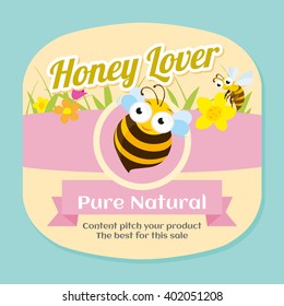 Honey lover label with bees, advertisement, vector illustration.