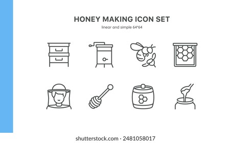 Honey Making Vector Icons Set. Beekeeping Tools, Honey Production, Bees, Honeycomb, Beehives, Honey Extraction, and Beekeeping Equipment. Editable Linear Collection.